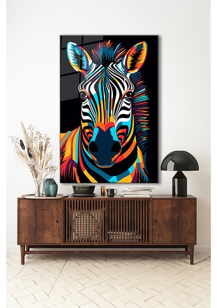 Renkli Zebra Illüstrasyon Dekoratif Dikey Cam Tablo indirimleri