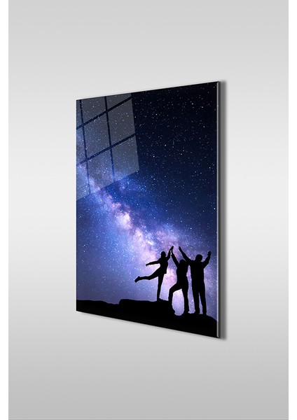 Galaksi ve Insan Silüetleri Dikey Cam Tablo