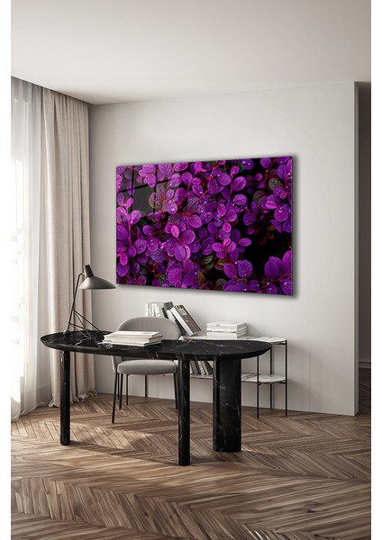 Mor Çiçekler Yakın Çekim Dekoratif Yatay Cam Tablo modelleri