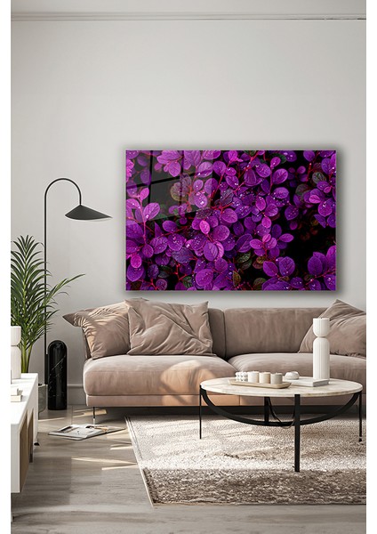 Mor Çiçekler Yakın Çekim Dekoratif Yatay Cam Tablo indirimleri