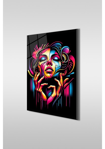 Pop Art Kadın Portre Modern Dikey Cam Tablo