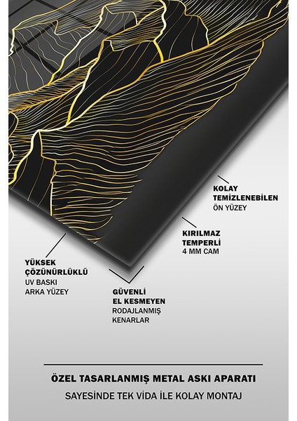 Soyut Dolunay ve Dağlar Modern Dekoratif Yatay Cam Tablo