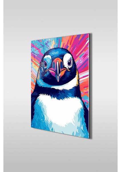 Renkli Penguen Portre Illustrasyon Dikey Cam Tablo
