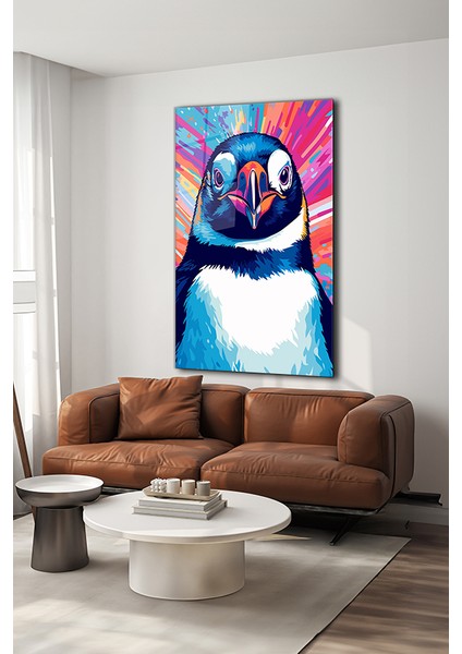Renkli Penguen Portre Illustrasyon Dikey Cam Tablo modelleri