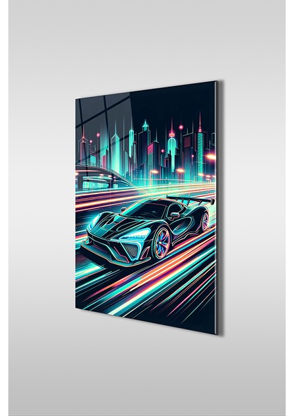 Spor Yarış Arabası Illustrasyon Dikey Cam Tablo