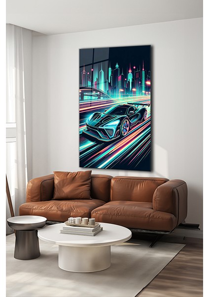 Spor Yarış Arabası Illustrasyon Dikey Cam Tablo modelleri