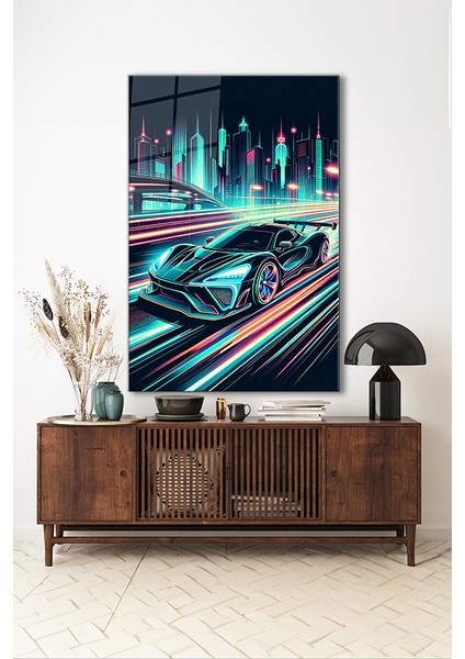 Spor Yarış Arabası Illustrasyon Dikey Cam Tablo indirimleri