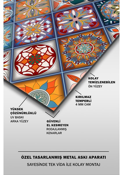 Renkli Fayans Desen 2 Dekoratif Yatay Cam Tablo