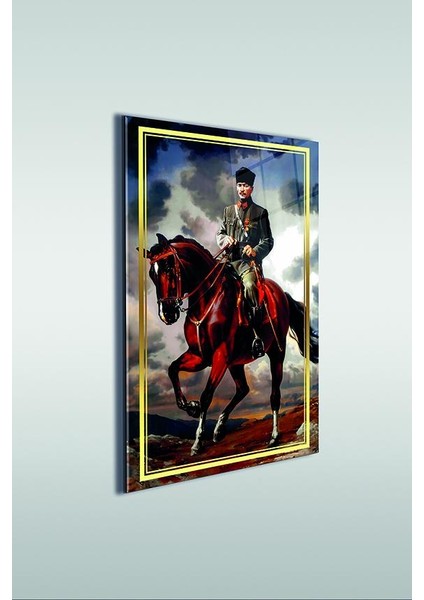 Atatürk Ata Binerken Renkli Dikey Cam Tablo
