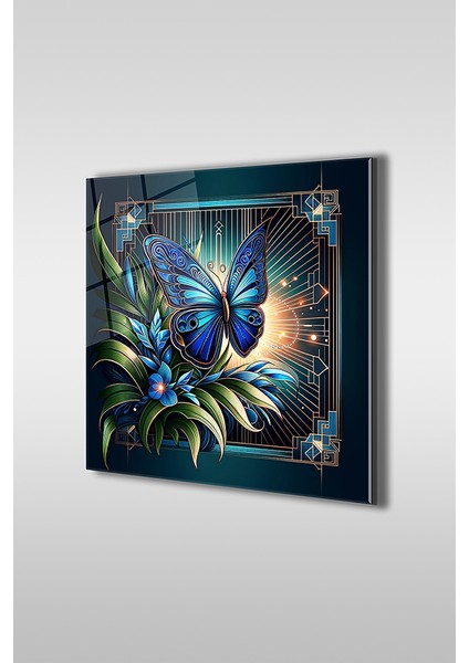 Mavi Kelebek Dekoratif Kare Cam Tablo