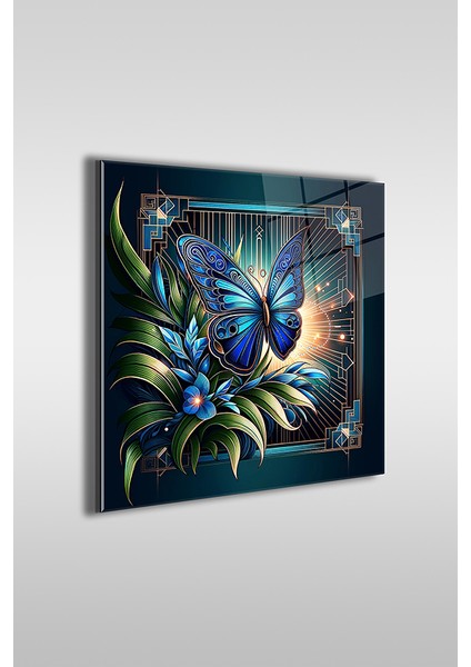 Mavi Kelebek Dekoratif Kare Cam Tablo fiyatları