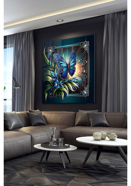 Mavi Kelebek Dekoratif Kare Cam Tablo modelleri