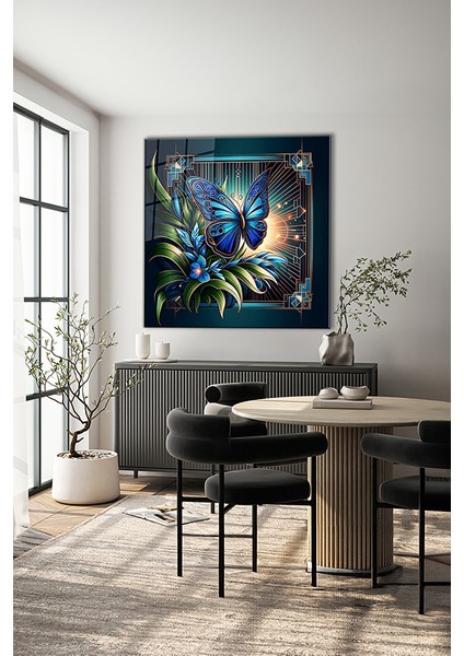 Mavi Kelebek Dekoratif Kare Cam Tablo indirimleri
