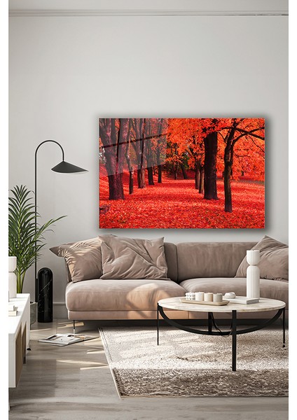Kırmızı Sonbahar Dekoratif Yatay Cam Tablo indirimleri