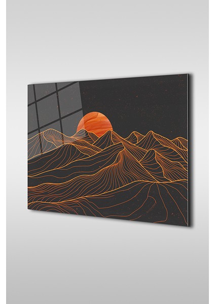 Dağlar ve Güneş Soyut Manzara Dekoratif Yatay Cam Tablo