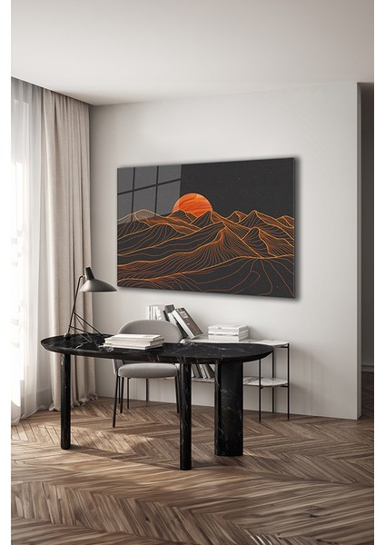 Dağlar ve Güneş Soyut Manzara Dekoratif Yatay Cam Tablo modelleri