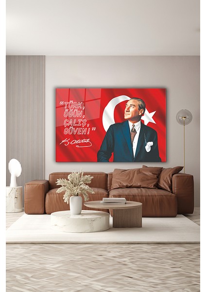 Atatürk ve Türk Bayrağı Özel Tasarım Yatay Cam Tablo indirimleri