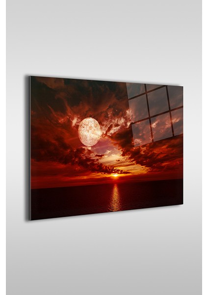 Kızıl Şafakta Dolunay Dekoratif Yatay Cam Tablo fiyatları