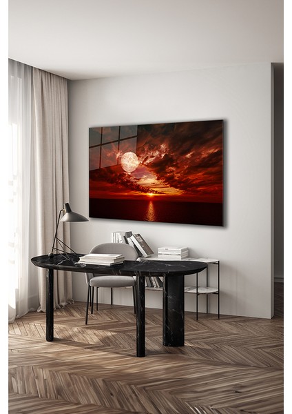 Kızıl Şafakta Dolunay Dekoratif Yatay Cam Tablo modelleri