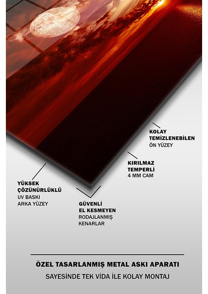 Kızıl Şafakta Dolunay Dekoratif Yatay Cam Tablo fırsatları