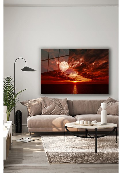 Kızıl Şafakta Dolunay Dekoratif Yatay Cam Tablo indirimleri