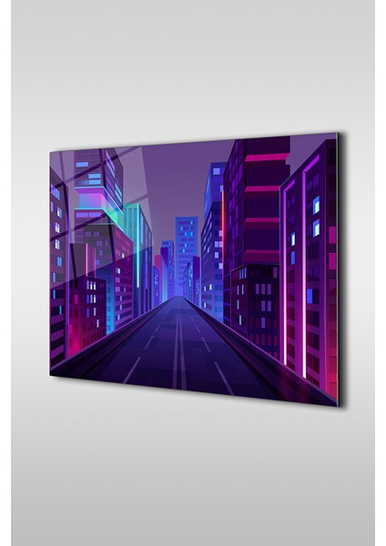 Neon Stil Şehir Resmi Dekoratif Yatay Cam Tablo