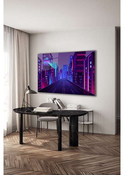 Neon Stil Şehir Resmi Dekoratif Yatay Cam Tablo modelleri