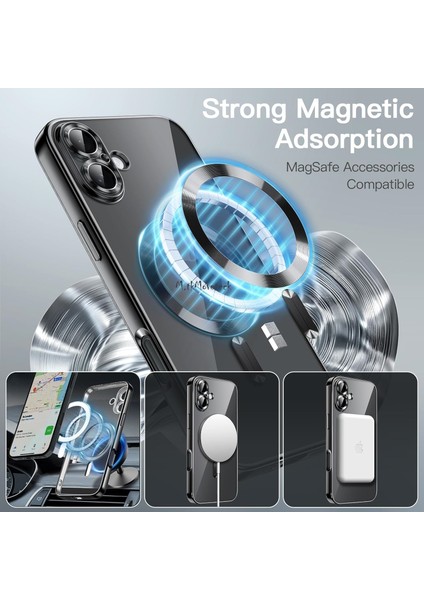 Apple iPhone 16 Plus Kılıf Kamera Lens Korumalı Magsafe Wireless Şarj Destekli Parlak Titanium Renkli Kenarlı Arkası Şeffaf