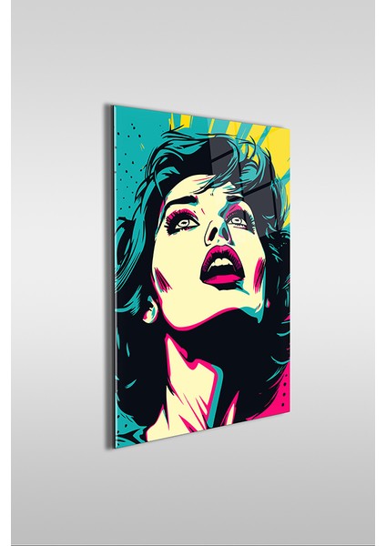 Pop Art Retro Kadın Portre Dikey Cam Tablo