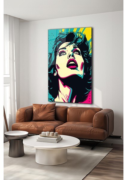 Pop Art Retro Kadın Portre Dikey Cam Tablo