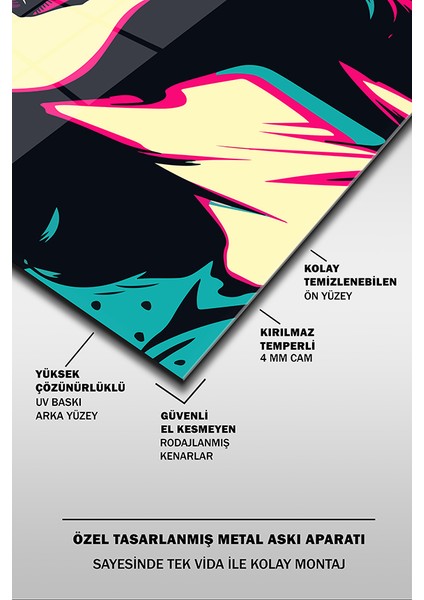 Pop Art Retro Kadın Portre Dikey Cam Tablo