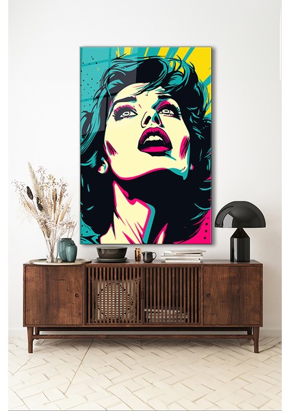 Pop Art Retro Kadın Portre Dikey Cam Tablo