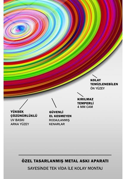 Hipnotik Renkli Halkalar Yuvarlak Cam Tablo