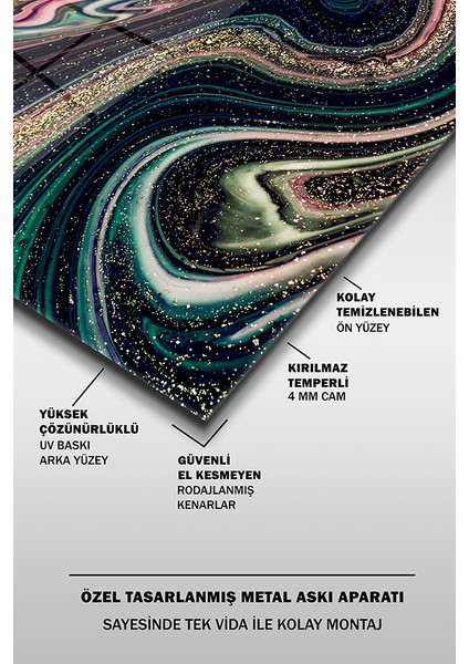 Siyah ve Altın Soyut Mermer Desen Dekoratif Yatay Cam Tablo