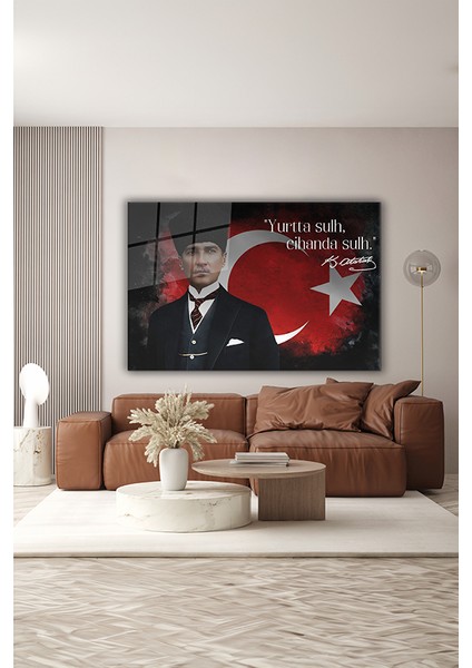 Atatürk ve Türk Bayrağı 2 Özel Tasarım Yatay Cam Tablo