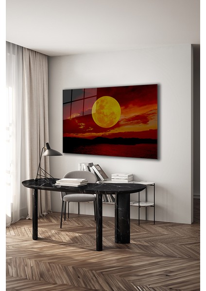 Kızıl Gecede Dolunay Dekoratif Yatay Cam Tablo modelleri