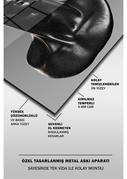 Altın ve Siyah Antik Yunan Heykeli Dikey Cam Tablo