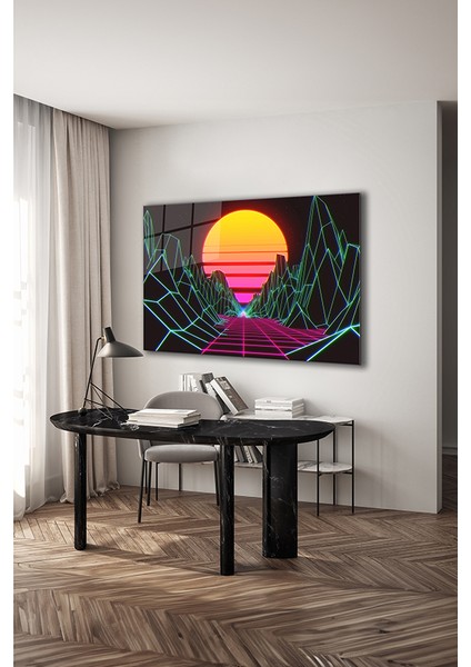 Retro Güneş Manzarası Dekoratif Yatay Cam Tablo modelleri