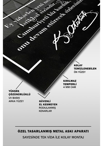 Atatürk Özel Tasarım 6 Siyah Beyaz Dikey Cam Tablo