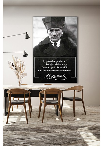 Atatürk Özel Tasarım 6 Siyah Beyaz Dikey Cam Tablo