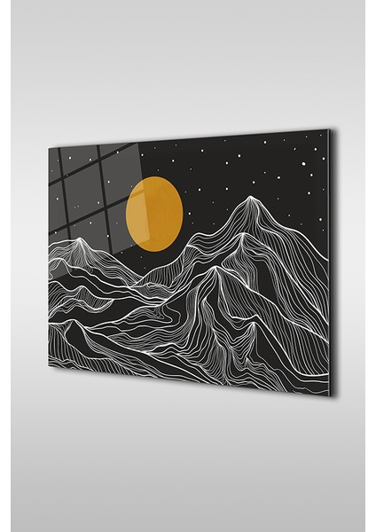 Altın Çizgiler Dağ Manzarası Dekoratif Yatay Cam Tablo