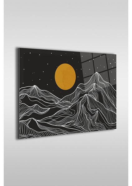 Altın Çizgiler Dağ Manzarası Dekoratif Yatay Cam Tablo fiyatları