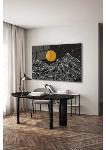 Altın Çizgiler Dağ Manzarası Dekoratif Yatay Cam Tablo modelleri