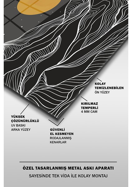 Altın Çizgiler Dağ Manzarası Dekoratif Yatay Cam Tablo fırsatları