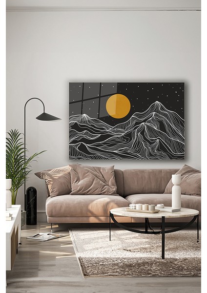 Altın Çizgiler Dağ Manzarası Dekoratif Yatay Cam Tablo indirimleri