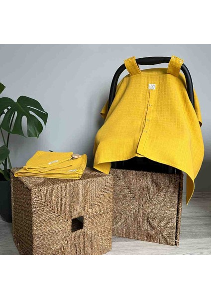 Pamuk Hardal Müslin Set (Müslin Örtü, Puset Örtüsü, Fular , 3'lü Emzik Askısı )