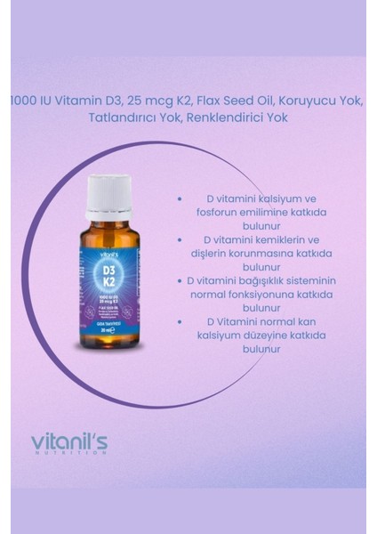 Vitanil's Nutrition D3-K2 Vitamini -1000 Iu D3 + 25 MCGK2-120 Puf