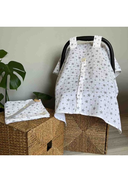 Pamuk Yıldız Müslin Set (Müslin Örtü, Puset Örtüsü, Fular , 3'lü Emzik Askısı )