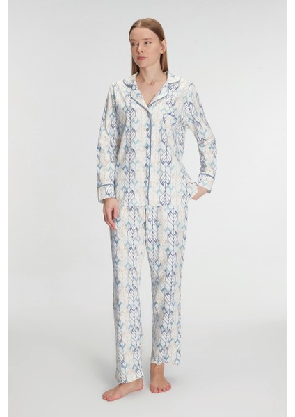 11262 Kadın Pamuklu Uzun Kol Gömlekli Pijama Takımı