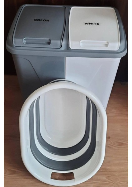 İki Bölmeli 90 Lt Çamaşır Sepeti Seti, Katlanabilir, Beyaz ve Gri Renkli